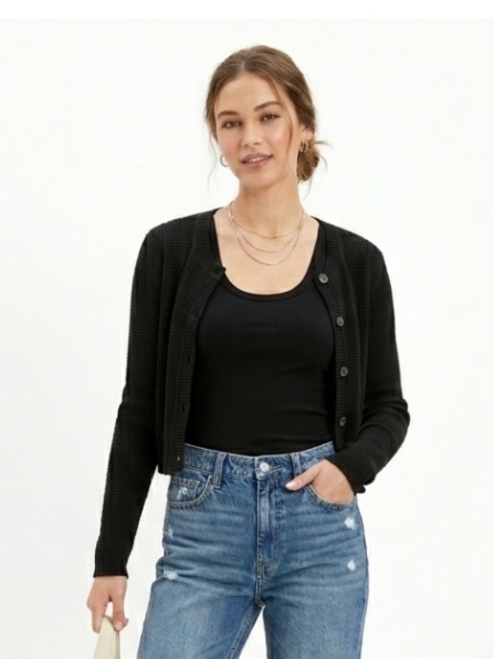 American Eagle Cropped Cardigan Sz S Black Dark Academia Preppy Grunge Boho Y2K